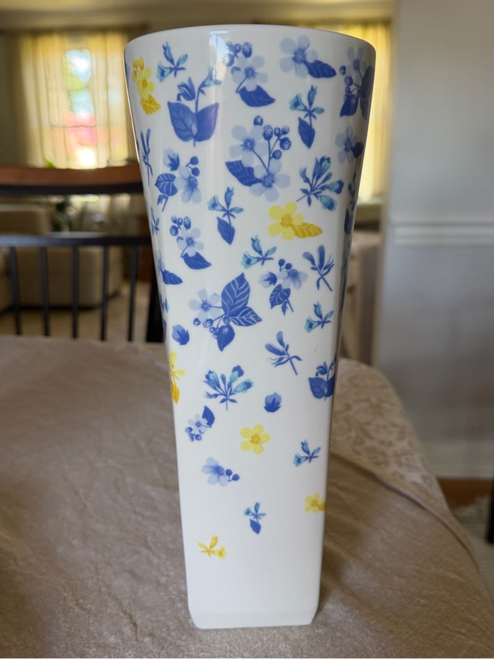 Anthropologie White Vase with Blue and Yellow Floral Motif
